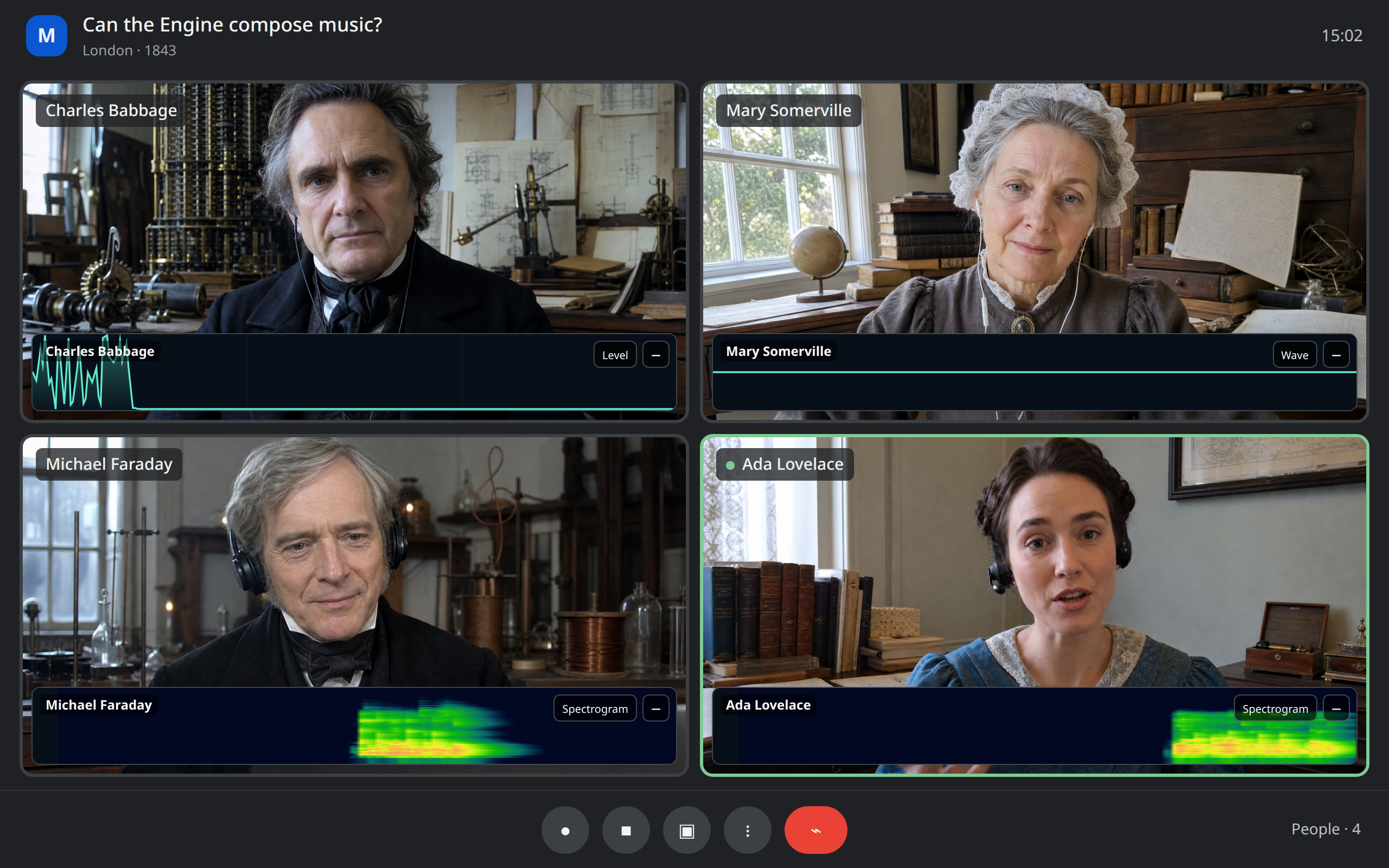 A Google Meet conversation about whether the Analytical Engine could compose music between Charles Babbage, Mary Somerville, Michael Faraday, and Ada Lovelace, with four different audio views