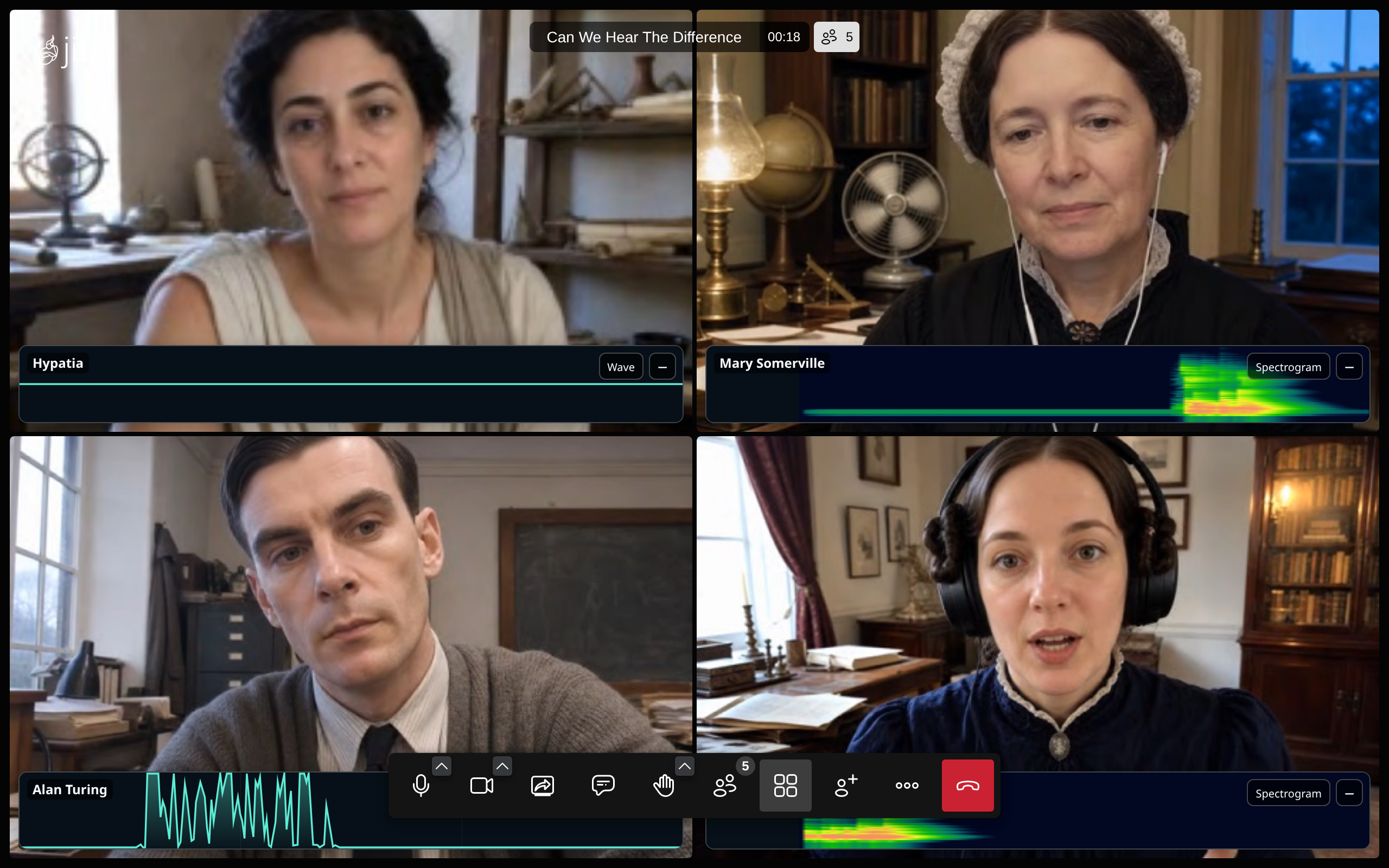 A Jitsi Meet call between Ada Lovelace, Alan Turing, Hypatia, and Mary Somerville, with a separate audio visualization attached to each participant