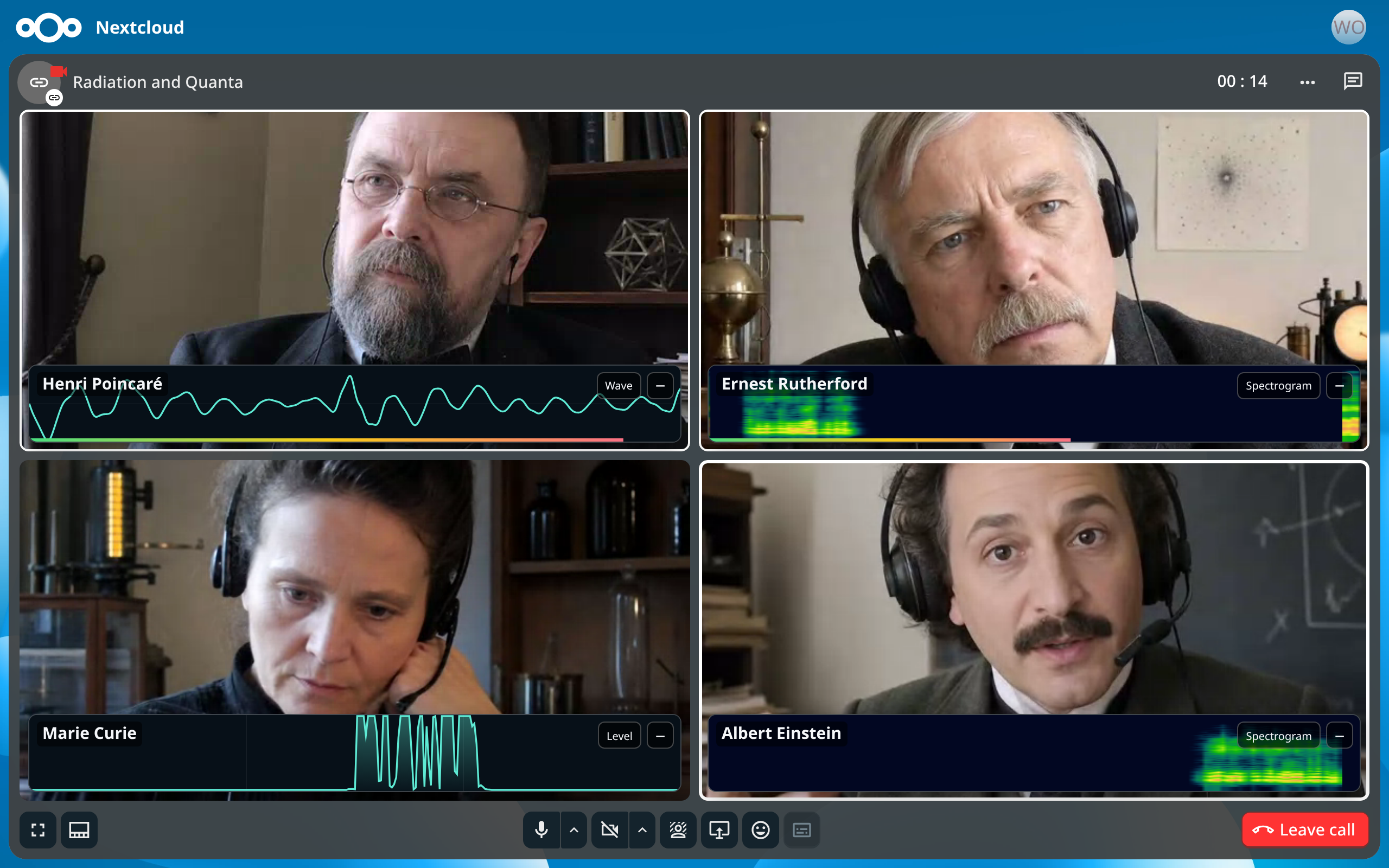 A Nextcloud Talk call between Albert Einstein, Ernest Rutherford, Henri Poincaré, and Marie Curie, with two spectrograms, a waveform, and a level history shown on separate participant cards