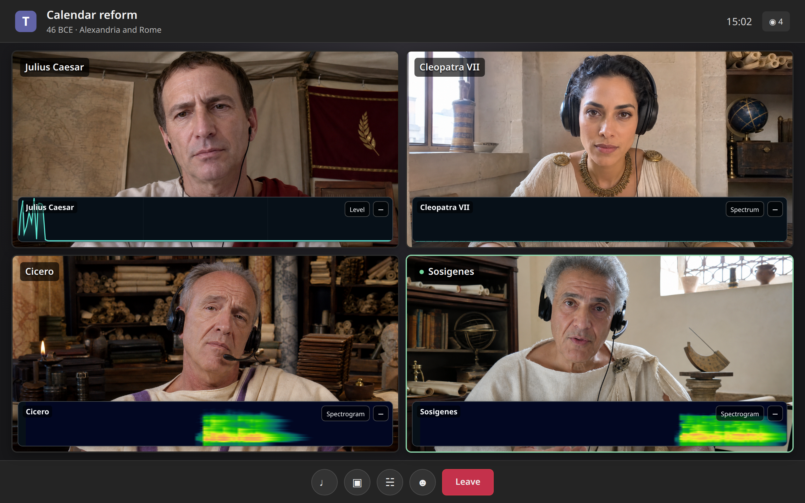 A Microsoft Teams call about calendar reform between Julius Caesar, Cleopatra, Cicero, and Sosigenes, with a separate audio visualization on every participant